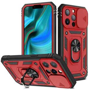For iPhone 13 Pro Max Sliding Camera Cover Design TPU + PC Protective Case with 360 Degree Rotating Holder & Card Slot (Red+Black)