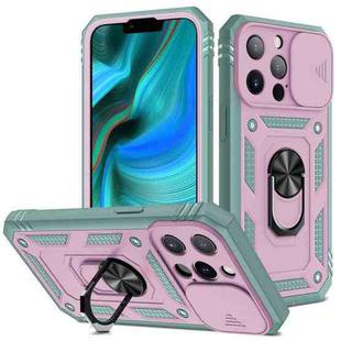 For iPhone 13 Pro Max Sliding Camera Cover Design TPU + PC Protective Case with 360 Degree Rotating Holder & Card Slot (Grey Green+Pink)