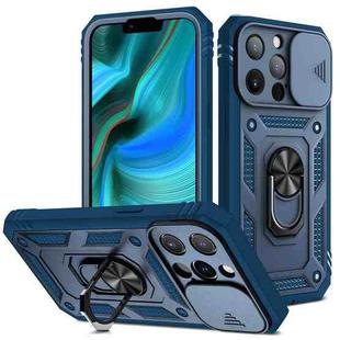For iPhone 13 Pro Max Sliding Camera Cover Design TPU + PC Protective Case with 360 Degree Rotating Holder & Card Slot (Blue+Blue)