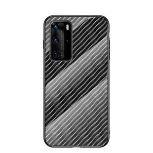 For Huawei P40 Pro Gradient Carbon Fiber Texture TPU Border Tempered Glass Case(Black Fiber)