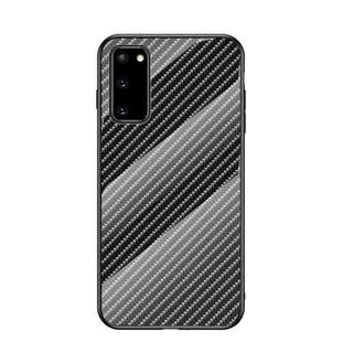 For Samsung Galaxy S20 Gradient Carbon Fiber Texture TPU Border Tempered Glass Case(Black Fiber)