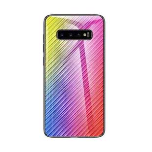 For Samsung Galaxy S10 Gradient Carbon Fiber Texture TPU Border Tempered Glass Case(Colorful Fiber)