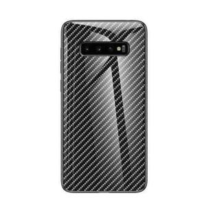 For Samsung Galaxy S10+ Gradient Carbon Fiber Texture TPU Border Tempered Glass Case(Black Fiber)