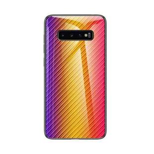 For Samsung Galaxy S10+ Gradient Carbon Fiber Texture TPU Border Tempered Glass Case(Gold Fiber)