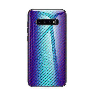 For Samsung Galaxy S10+ Gradient Carbon Fiber Texture TPU Border Tempered Glass Case(Blue Fiber)