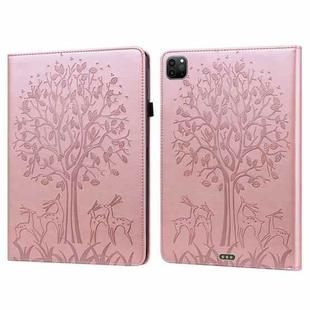 For iPad Air 2020 / Pro 11 2020 Tree & Deer Pattern Pressed Printing Horizontal Flip PU Leather Tablet Case with Holder & Card Slots & Sleep / Wake-up Function(Pink)