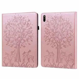 For Huawei MatePad 11 2021 Tree & Deer Pattern Pressed Printing Horizontal Flip PU Leather Case with Holder & Card Slots(Pink)