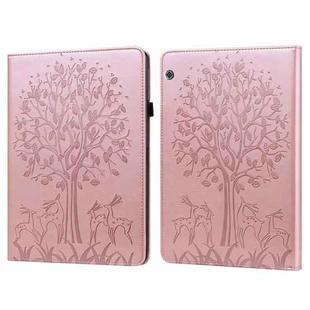 For Huawei MediaPad T5 Tree & Deer Pattern Pressed Printing Horizontal Flip PU Leather Case with Holder & Card Slots(Pink)