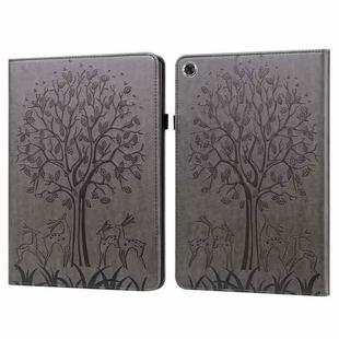 For Lenovo M10 Plus / M10 FHD REL Tree & Deer Pattern Pressed Printing Horizontal Flip PU Leather Case with Holder & Card Slots(Grey)