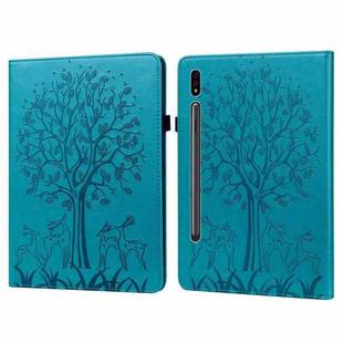 For Samsung Galaxy Tab S8 / Galaxy Tab S7 SM-T870 Tree & Deer Pattern Pressed Printing Horizontal Flip PU Leather Case with Holder & Card Slots(Blue)