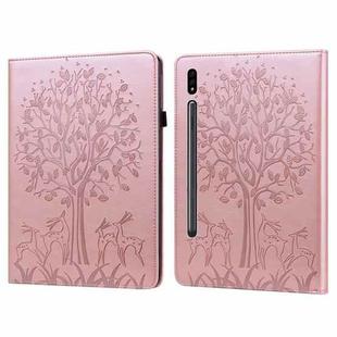 For Samsung Galaxy Tab S8 / Galaxy Tab S7 SM-T870 Tree & Deer Pattern Pressed Printing Horizontal Flip PU Leather Case with Holder & Card Slots(Pink)