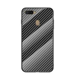 For OPPO A12 / A7 Gradient Carbon Fiber Texture TPU Border Tempered Glass Case(Black Fiber)