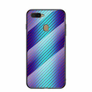 For OPPO A12 / A7 Gradient Carbon Fiber Texture TPU Border Tempered Glass Case(Blue Fiber)