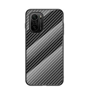 For Xiaomi Redmi K40 / Poco F3 Gradient Carbon Fiber Texture TPU Border Tempered Glass Case(Black Fiber)