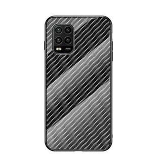 For Xiaomi Mi 10 Lite Gradient Carbon Fiber Texture TPU Border Tempered Glass Case(Black Fiber)