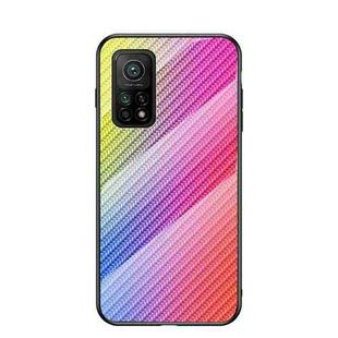 For Xiaomi Mi 10T Pro Gradient Carbon Fiber Texture TPU Border Tempered Glass Case(Colorful Fiber)