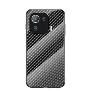 For Xiaomi Mi 11 Pro Gradient Carbon Fiber Texture TPU Border Tempered Glass Case(Black Fiber)