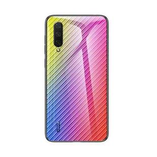 For Xiaomi Mi CC9 / Mi 9 Lite Gradient Carbon Fiber Texture TPU Border Tempered Glass Case(Colorful Fiber)