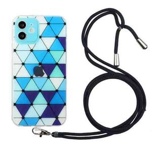 For iPhone 11 Hollow Diamond-shaped Squares Pattern TPU Precise Hole Phone Protective Case with Lanyard (Blue)