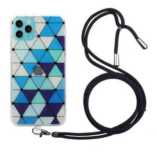 For iPhone 11 Pro Hollow Diamond-shaped Squares Pattern TPU Precise Hole Phone Protective Case with Lanyard (Blue)