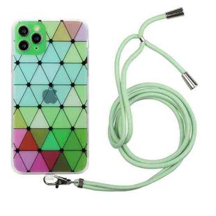 For iPhone 11 Pro Hollow Diamond-shaped Squares Pattern TPU Precise Hole Phone Protective Case with Lanyard (Green)