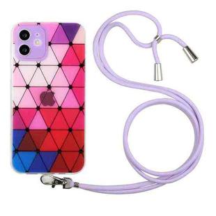 For iPhone 12 mini Hollow Diamond-shaped Squares Pattern TPU Precise Hole Phone Protective Case with Lanyard (Purple)