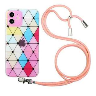 For iPhone 12 Hollow Diamond-shaped Squares Pattern TPU Precise Hole Phone Protective Case with Lanyard(Pink)