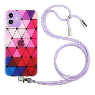 For iPhone 12 Hollow Diamond-shaped Squares Pattern TPU Precise Hole Phone Protective Case with Lanyard(Purple)