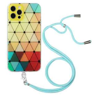 For iPhone 12 Pro Hollow Diamond-shaped Squares Pattern TPU Precise Hole Phone Protective Case with Lanyard(Yellow)