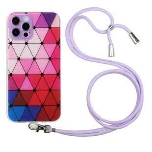 For iPhone 12 Pro Hollow Diamond-shaped Squares Pattern TPU Precise Hole Phone Protective Case with Lanyard(Purple)