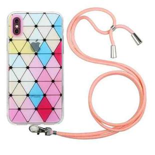 For iPhone X / XS Hollow Diamond-shaped Squares Pattern TPU Precise Hole Phone Protective Case with Lanyard(Pink)