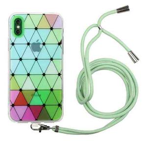 For iPhone X / XS Hollow Diamond-shaped Squares Pattern TPU Precise Hole Phone Protective Case with Lanyard(Green)