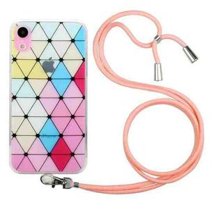 For iPhone XR Hollow Diamond-shaped Squares Pattern TPU Precise Hole Phone Protective Case with Lanyard(Pink)