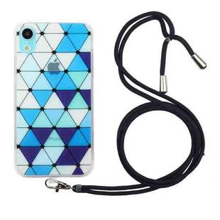 For iPhone XR Hollow Diamond-shaped Squares Pattern TPU Precise Hole Phone Protective Case with Lanyard(Blue)