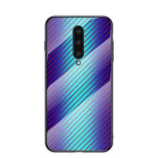 For OnePlus 8 Gradient Carbon Fiber Texture TPU Border Tempered Glass Case(Blue Fiber)