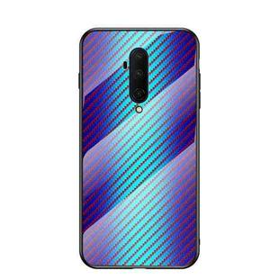 For OnePlus 7T Pro Gradient Carbon Fiber Texture TPU Border Tempered Glass Case(Blue Fiber)