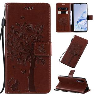 For Xiaomi Mi 9 Pro Tree & Cat Pattern Pressed Printing Horizontal Flip PU Leather Case with Holder & Card Slots & Wallet & Lanyard(Coffee)