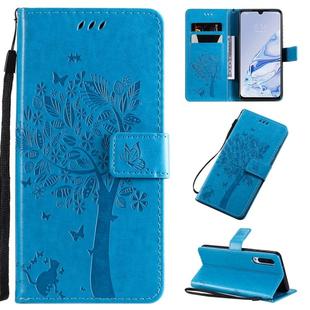 For Xiaomi Mi 9 Pro Tree & Cat Pattern Pressed Printing Horizontal Flip PU Leather Case with Holder & Card Slots & Wallet & Lanyard(Blue)