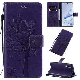 For Xiaomi Mi 9 Pro Tree & Cat Pattern Pressed Printing Horizontal Flip PU Leather Case with Holder & Card Slots & Wallet & Lanyard(Purple)