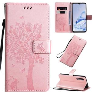 For Xiaomi Mi 9 Pro Tree & Cat Pattern Pressed Printing Horizontal Flip PU Leather Case with Holder & Card Slots & Wallet & Lanyard(Pink)