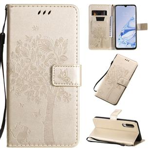 For Xiaomi Mi 9 Pro Tree & Cat Pattern Pressed Printing Horizontal Flip PU Leather Case with Holder & Card Slots & Wallet & Lanyard(Gold)