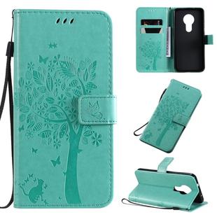 For Nokia 7.2 Tree & Cat Pattern Pressed Printing Horizontal Flip PU Leather Case with Holder & Card Slots & Wallet & Lanyard(Green)