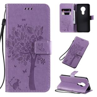 For Nokia 7.2 Tree & Cat Pattern Pressed Printing Horizontal Flip PU Leather Case with Holder & Card Slots & Wallet & Lanyard(Light Purple)
