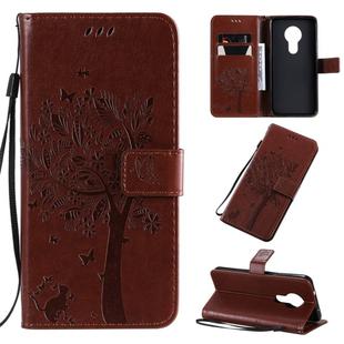 For Nokia 7.2 Tree & Cat Pattern Pressed Printing Horizontal Flip PU Leather Case with Holder & Card Slots & Wallet & Lanyard(Coffee)
