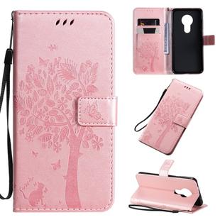 For Nokia 7.2 Tree & Cat Pattern Pressed Printing Horizontal Flip PU Leather Case with Holder & Card Slots & Wallet & Lanyard(Rose gold)