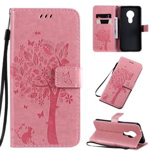 For Nokia 7.2 Tree & Cat Pattern Pressed Printing Horizontal Flip PU Leather Case with Holder & Card Slots & Wallet & Lanyard(Pink)