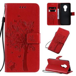 For Nokia 7.2 Tree & Cat Pattern Pressed Printing Horizontal Flip PU Leather Case with Holder & Card Slots & Wallet & Lanyard(Red)