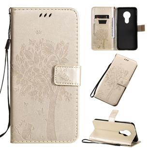 For Nokia 7.2 Tree & Cat Pattern Pressed Printing Horizontal Flip PU Leather Case with Holder & Card Slots & Wallet & Lanyard(Gold)