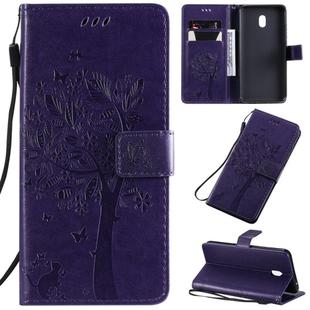 For LG G8X Tree & Cat Pattern Pressed Printing Horizontal Flip PU Leather Case with Holder & Card Slots & Wallet & Lanyard(Purple)