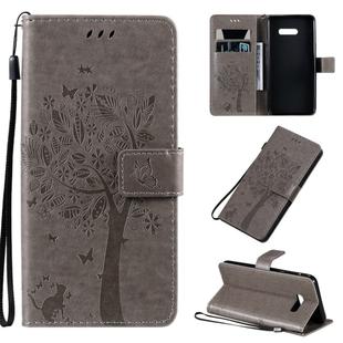 For LG G8X Tree & Cat Pattern Pressed Printing Horizontal Flip PU Leather Case with Holder & Card Slots & Wallet & Lanyard(Gray)